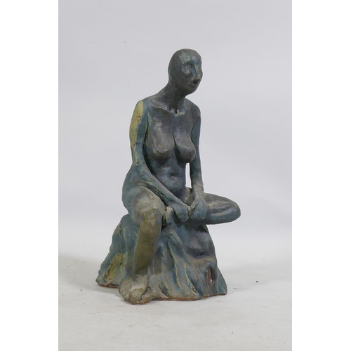 90 - A glazed ceramic sculpture, nude female, impressed MJ, 30cm high