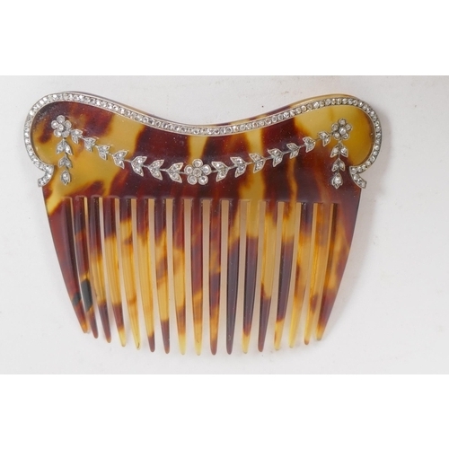 680 - An antique tortoiseshell hair slide set with diamonds, in bespoke case, 10cm wide