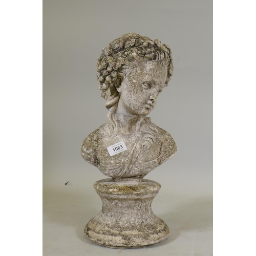 1083 - A vintage reconstituted stone/garden bust, AF broken/repaired, 45cm high