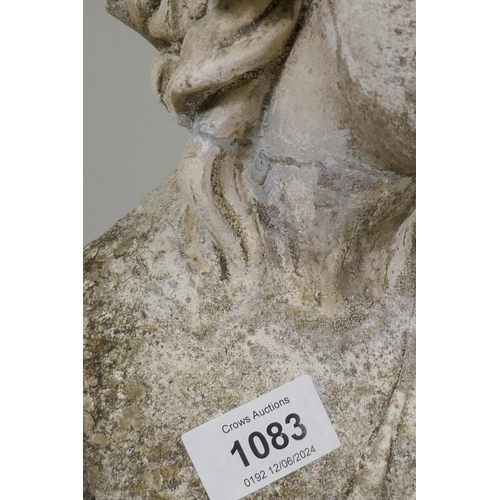 1083 - A vintage reconstituted stone/garden bust, AF broken/repaired, 45cm high