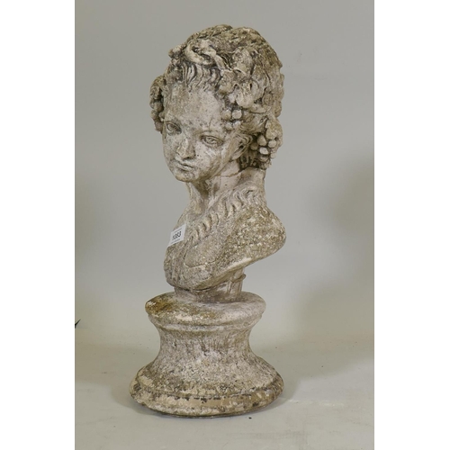 1083 - A vintage reconstituted stone/garden bust, AF broken/repaired, 45cm high