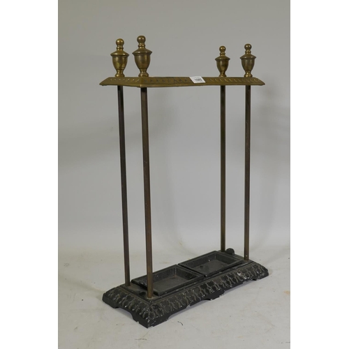 1085 - A painted metal and brass stick stand, 45 x 20 x 64cm