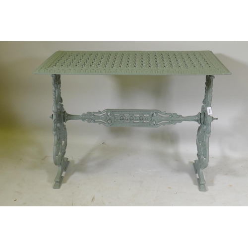 1086 - Painted metal garden table, raised on pierced end supports, 90 x 50 x 68cm