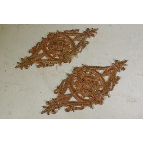 1087 - Pair of antique French cast iron wall appliques, 80 x 37cm