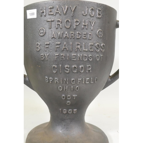 1088 - A vintage American cast iron trophy, awarded to B.F. Fairless by friends of Ciscor, Springfield, Ohi... 