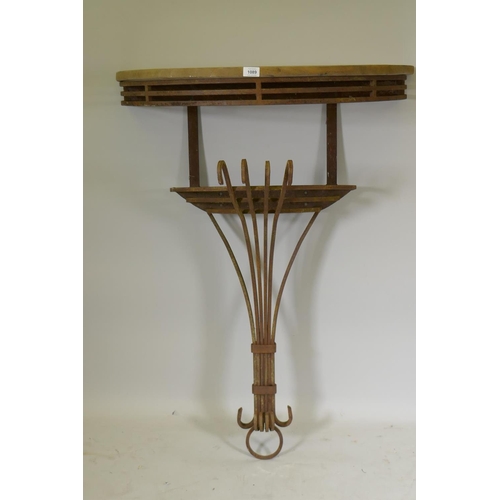 1089 - An antique cast iron console table, with demi lune shaped weathered oak top, adapted, 85 x 43 x 117c... 