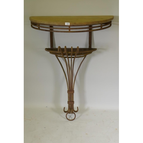 1089 - An antique cast iron console table, with demi lune shaped weathered oak top, adapted, 85 x 43 x 117c... 