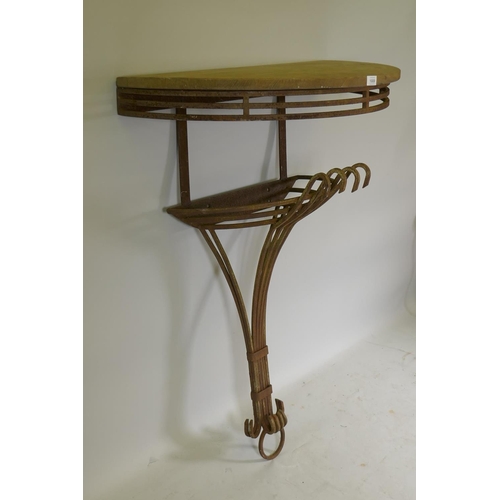 1089 - An antique cast iron console table, with demi lune shaped weathered oak top, adapted, 85 x 43 x 117c... 