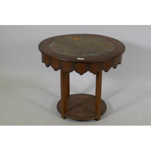 1093 - A Victorian boxwood inlaid burr walnut occasional table, with inset leather top and Moorish style sh... 