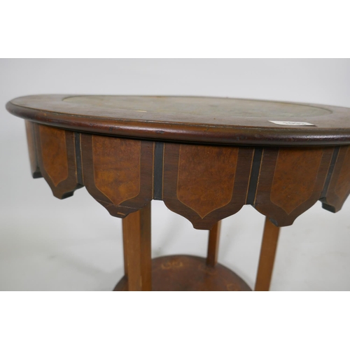 1093 - A Victorian boxwood inlaid burr walnut occasional table, with inset leather top and Moorish style sh... 