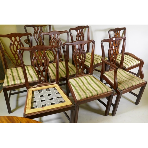 1100 - A set of six plus two mahogany Chippendale style dining chairs with pierced back splats and drop in ... 