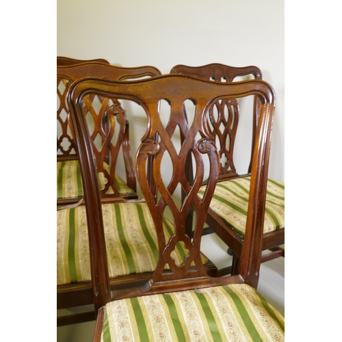 1100 - A set of six plus two mahogany Chippendale style dining chairs with pierced back splats and drop in ... 