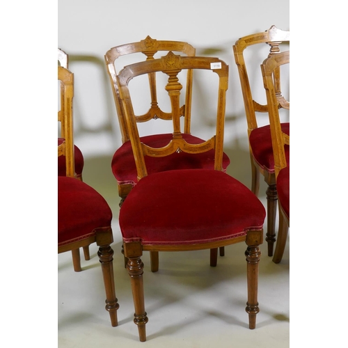 1110 - A set of six Victorian walnut dining chairs with burr walnut and classical urn inlaid decoration, up... 