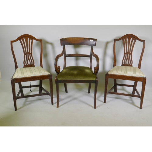 1123 - A pair of C19th Hepplewhite style side chairs with pierced splat backs and scroll arm elbow chair