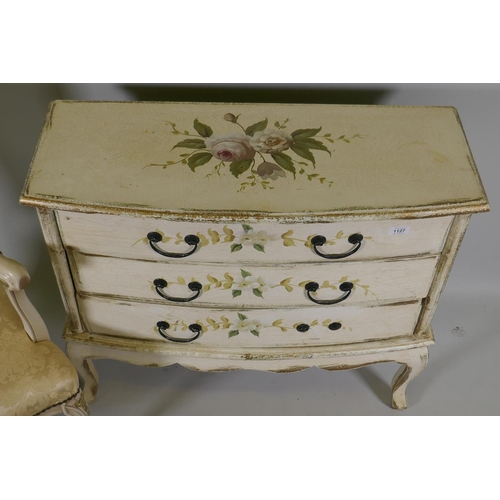 1127 - A Continental style painted chest of three drawers with floral decoration, 80 x 31 x 72cm, and a pai... 