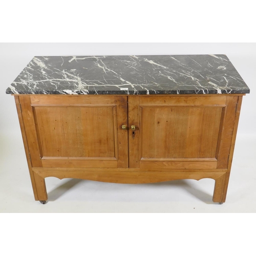 1132 - C19th mahogany washstand with marble top over two cupboards, raised on square supports, marble repai... 