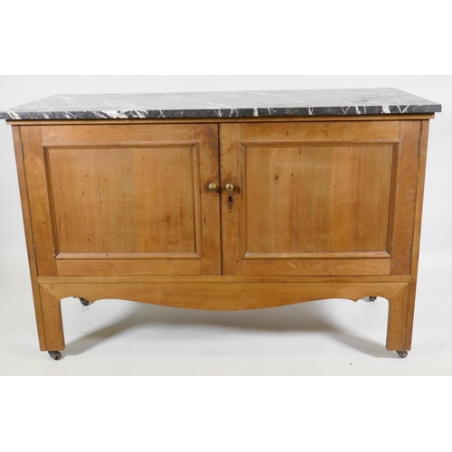 1132 - C19th mahogany washstand with marble top over two cupboards, raised on square supports, marble repai... 