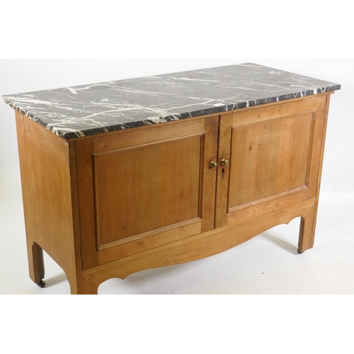 1132 - C19th mahogany washstand with marble top over two cupboards, raised on square supports, marble repai... 