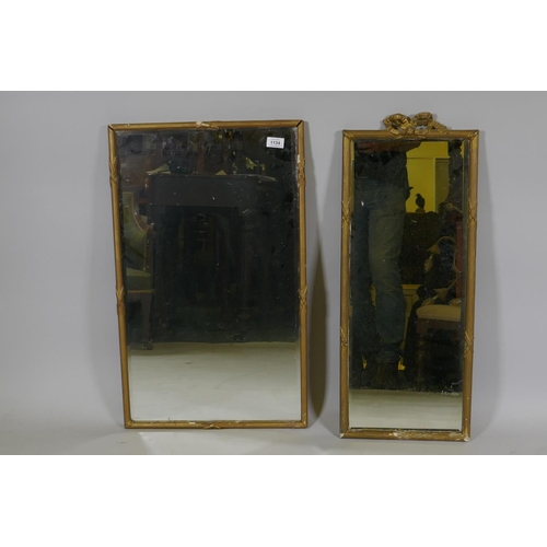 1134 - A vintage wall mirror with bevelled glass and reeded frame, AF, 45 x 73cm, and another smaller