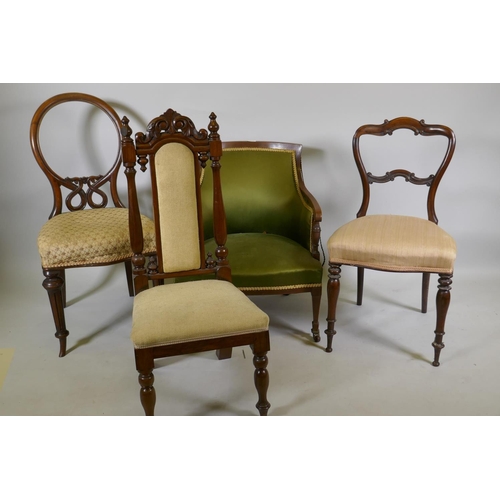 1135 - A C19th inlaid mahogany parlour chair and two side chairs with decoratively carved back, and a rosew... 