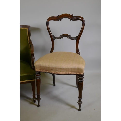 1135 - A C19th inlaid mahogany parlour chair and two side chairs with decoratively carved back, and a rosew... 