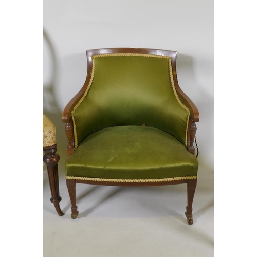 1135 - A C19th inlaid mahogany parlour chair and two side chairs with decoratively carved back, and a rosew... 