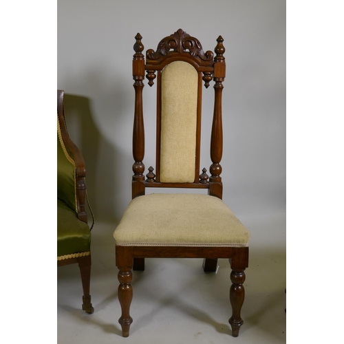 1135 - A C19th inlaid mahogany parlour chair and two side chairs with decoratively carved back, and a rosew... 