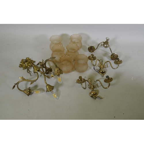 1139 - A vintage French style brass four branch ceiling lamp and three wall lamps with etched glass shades,... 