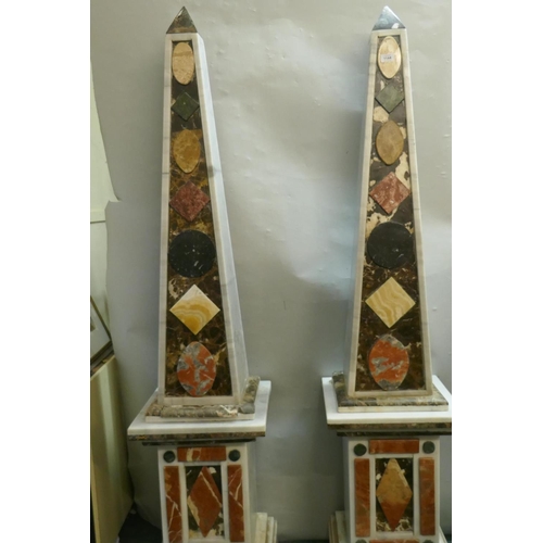 1144 - Pair of white marble obelisks inset with specimen marble, raised on pedestals, 182cm high