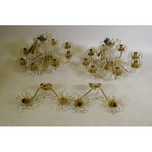 1152 - A pair of vintage Bohemian 'Preciosa' eight branch chandeliers, brass with crystal drops, and a matc... 