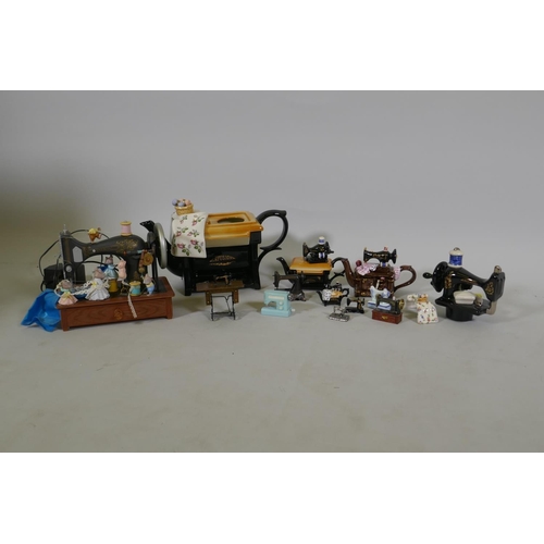 13 - Collection of miniature/doll's house sewing machines, tea pots and a musical automaton sewing machin... 