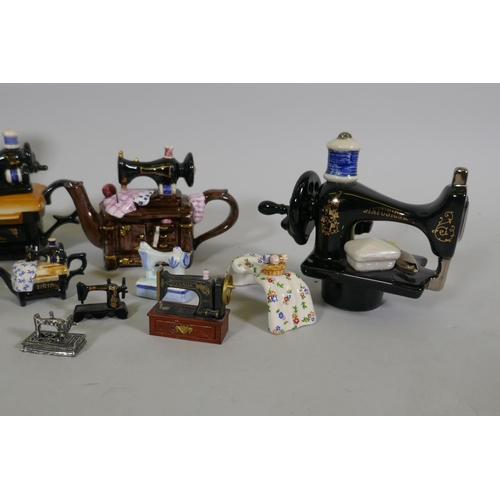 13 - Collection of miniature/doll's house sewing machines, tea pots and a musical automaton sewing machin... 