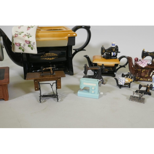 13 - Collection of miniature/doll's house sewing machines, tea pots and a musical automaton sewing machin... 