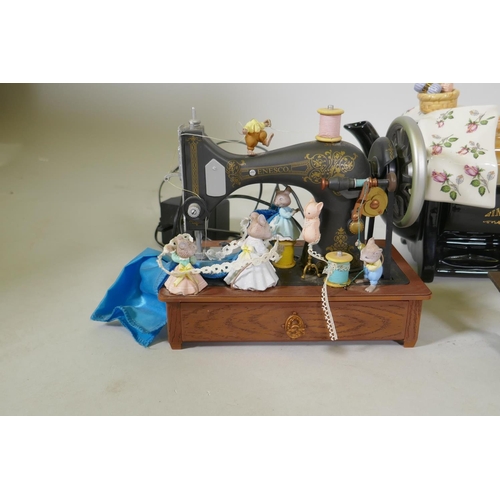 13 - Collection of miniature/doll's house sewing machines, tea pots and a musical automaton sewing machin... 