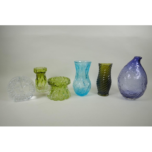 132 - Four pieces of mid C20th German Ingrid Glashutte glassware including three bark textured vases, and ... 