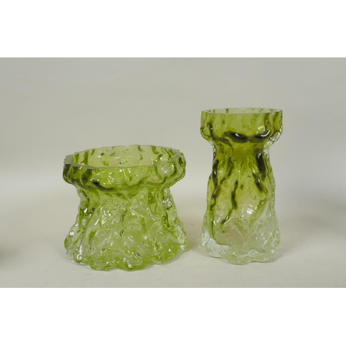 132 - Four pieces of mid C20th German Ingrid Glashutte glassware including three bark textured vases, and ... 