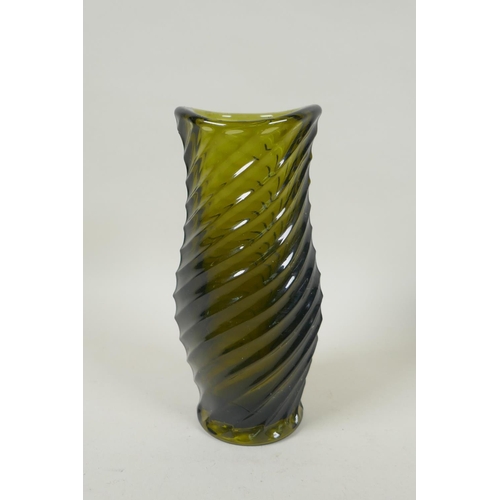 132 - Four pieces of mid C20th German Ingrid Glashutte glassware including three bark textured vases, and ... 