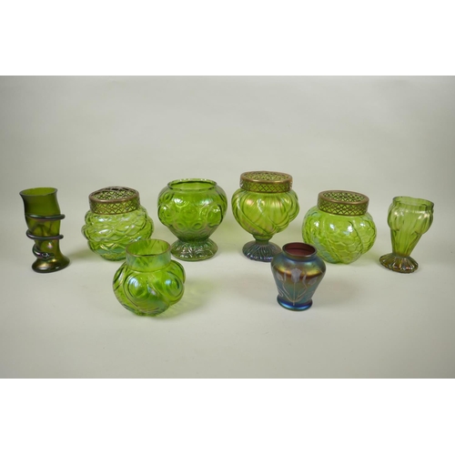 133 - Eight early C20th iridescent textured glass vases and posy bowls of assorted form, probably by Loetz... 