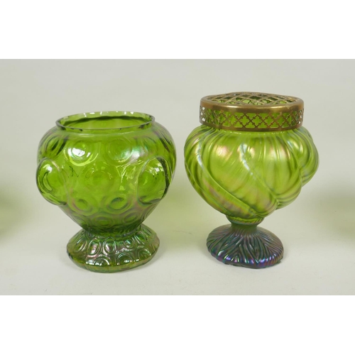 133 - Eight early C20th iridescent textured glass vases and posy bowls of assorted form, probably by Loetz... 