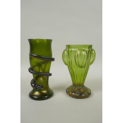 133 - Eight early C20th iridescent textured glass vases and posy bowls of assorted form, probably by Loetz... 