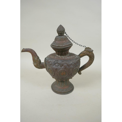 140 - An antique Indian bronze Dhokra money box, and Indian repousse bronze port, and a Tibetan copper tea... 