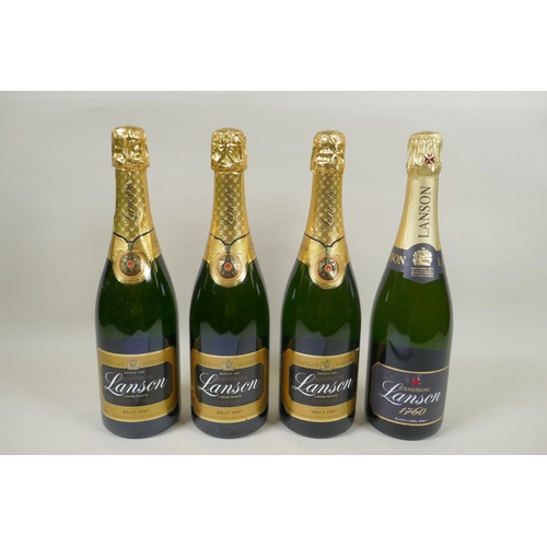 141 - Three bottles of Lanson Gold Label Brut Champagne 1997, and a bottle of Lanson Black Label Brut 2015