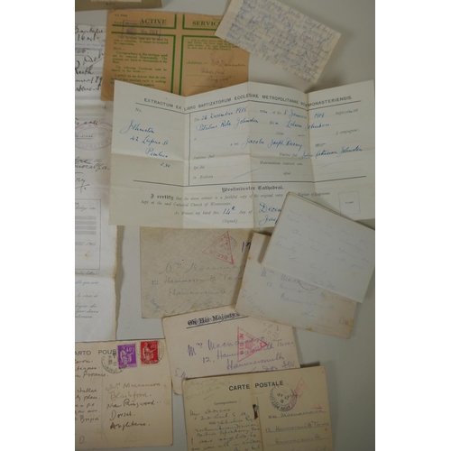 147 - An archive of WWI ephemera comprising numerous letters from the front line, military documents, pass... 