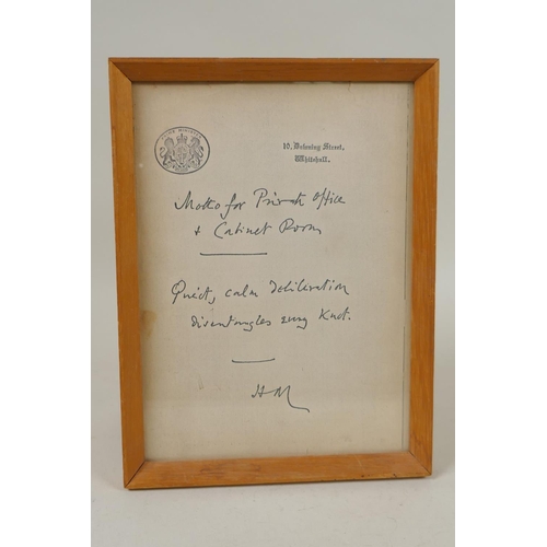 149 - A vintage print of a Howard McMillan Cabinet Office memo, reading 'Motto for Print Office and Cabine... 