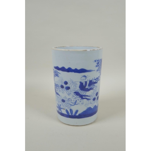 160 - A C19th Chinese blue and white porcelain brush pot decorated with dancing figures, 17cm high