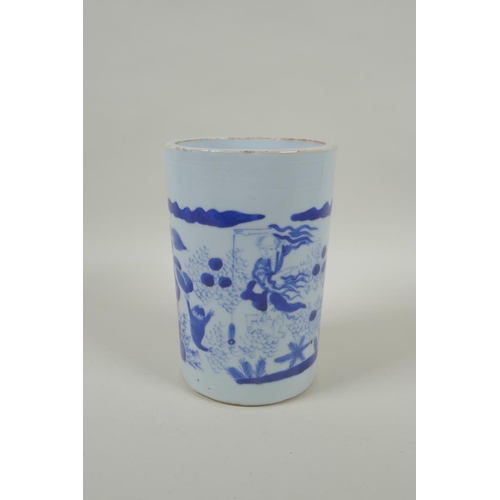 160 - A C19th Chinese blue and white porcelain brush pot decorated with dancing figures, 17cm high