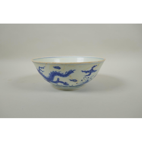 170 - A Chinese blue and white porcelain bowl decorated with dragons, Chenghua 6 character mark to base, 1... 