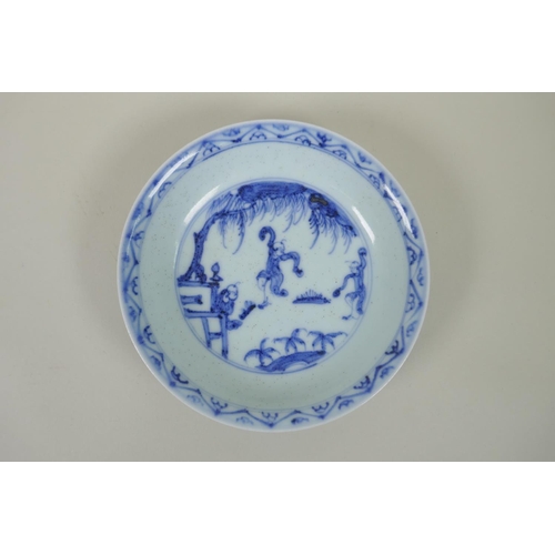 174 - A Chinese antique blue and white porcelain dish with shaped rim and repeating design, and another an... 