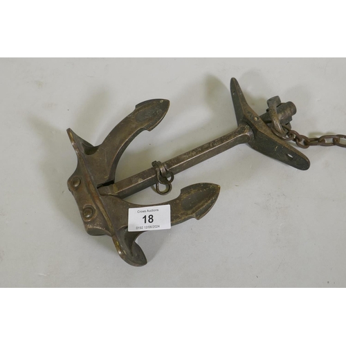 18 - A bronze model of a Hall's patent ship's anchor, inscribed SSOP's Steel, 24cm long