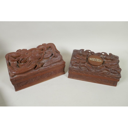 185 - A collection of C19th and C20th Burmese carved camphor wood and hardwood jewellery boxes with dragon... 